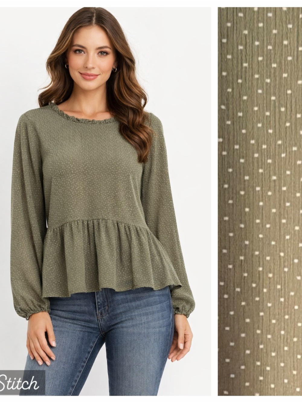 Ann Taylor LOFT Olive Green Ruffled Peplum Long Sleeve Polka Dot Blouse Dot